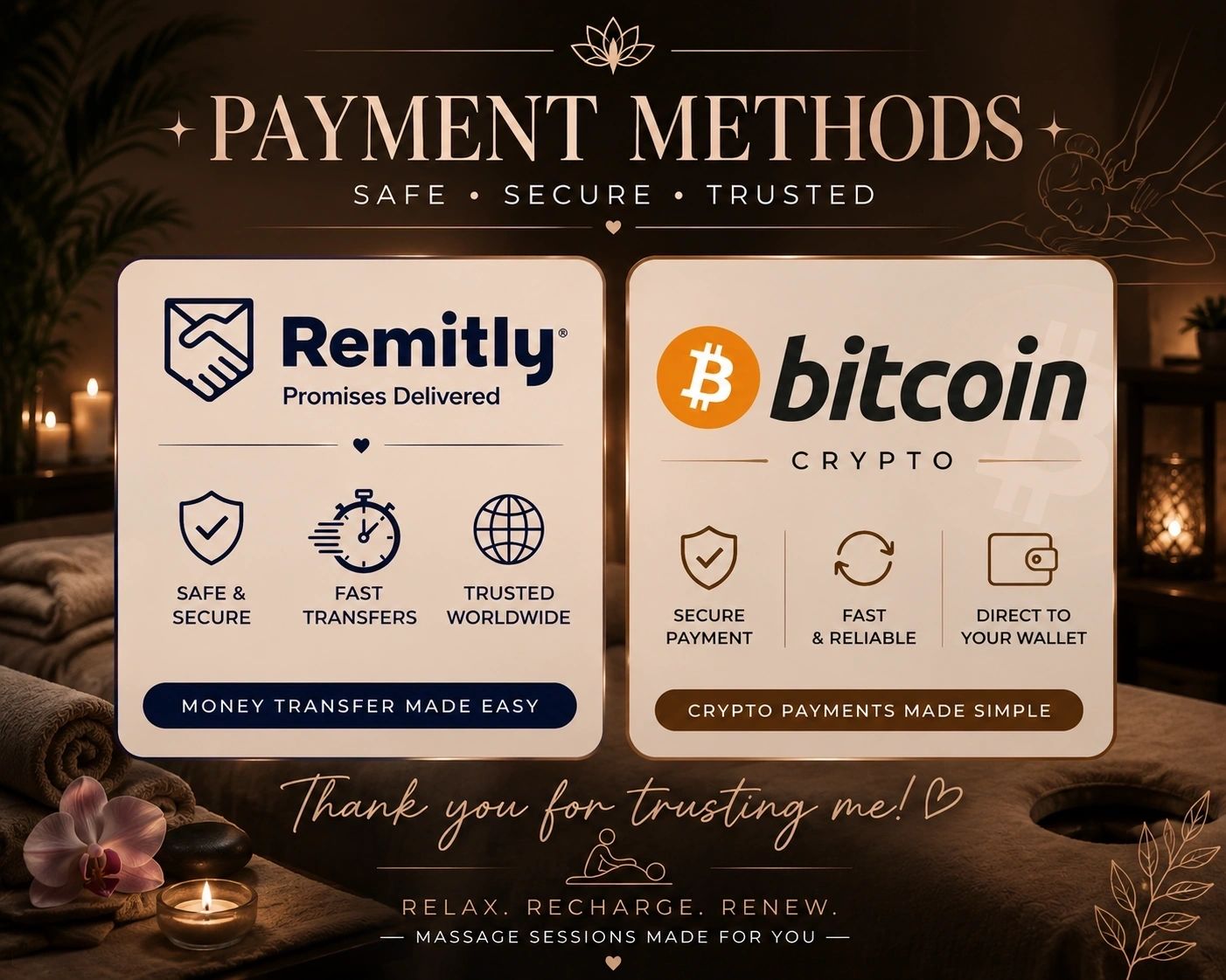 Payment methods: Remitly and Bitcoin/Crypto — Safe, Secure, Trusted